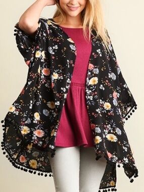 UmGee Black Floral Kimono with Black Ball Fringe S/M